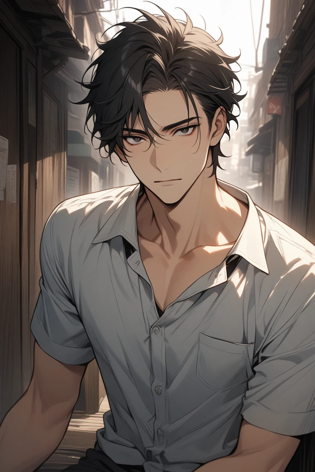 Man, handsome, short black hair, dark eyes, shirt