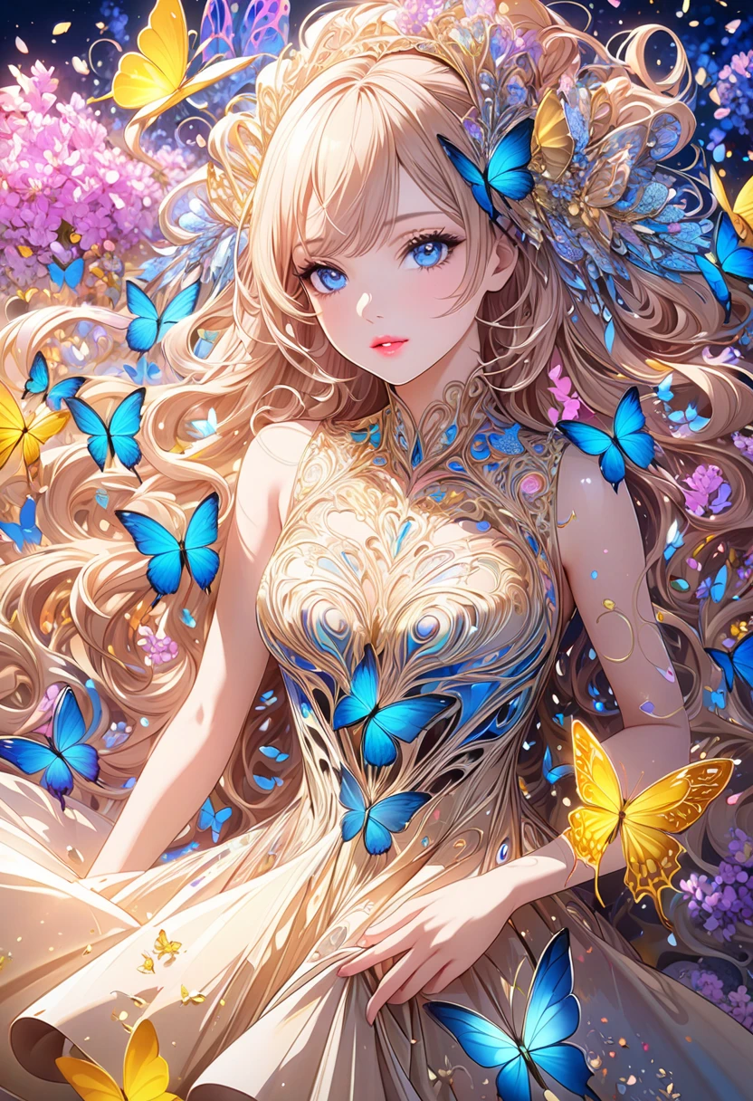 (masterpiece, top quality, Best quality, official art, beautiful and aesthetically pleasing:1.2), (1 girl), extremely detailed,(fractal art:1.3),Colorful,as detailed as possible,upper body, [lace],[jewelry],[flower],[[butterfly]],