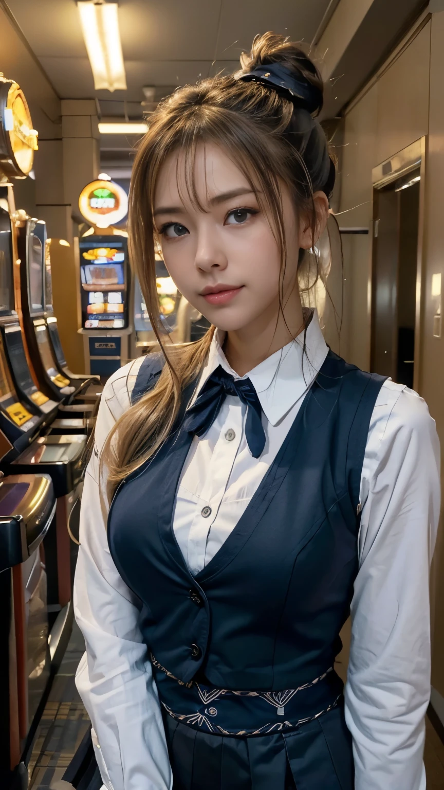 magic circle, RAW Photos、(Realistic)、(Super detailed)、(High resolution:1.37)、(masterpiece)、(Highest quality)、(8k)、(Ultra-Details)、Angle from below、Back view、(Perfect Anatomy:1.3)、(Beautiful Eyes)、Female gambler in school uniform playing card games、One girl、Looking back at the viewer、(A red blazer uniform with black collar and cuffs)、(Grey pleated skirt)、Black ribbon tie、Black Pantyhose、Long straight black hair、(Bangs、Hime cut)、(Super hourglass body type:1.3)、(Super big breasts pointing upwards:1.3)、Her eyes glow red when she plays games、(Holding playing cards in hand)、Correct fingers、Lots of playing cards、Stacked poker chips、Card game table、A confident smile、(blush)、(Sexy acrobatic gambler pose)、(Increased transparency)、(Luxury gambling room)、Opponent、gallery、Movie Scenes、Concept Art