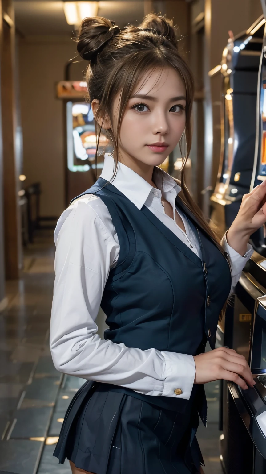  1 Japanese woman 、Transcendently beautiful、((24 years old))、((smile))、((Half-close your eyes))、(( leaning against a wall ))、(( blonde hair,  but the hair around the hairline is black :1.2))、(( 1 bun hair :1.2))、((Navy blue cloth vest:1.25))、(( dark blue short skirt :1.25))、((white long sleeve cutter shirt :1.25))、( plaid ribbon bow tie )、(( from below:1.3))、( in the background there is a hallway with slot machines on both sides:1.35)、 staring at the camera 、