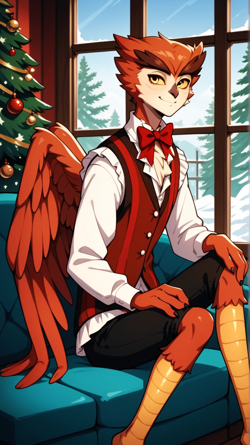 masterpiece, 1boy, herneval, solo, owl, feathered, wings, vest, yellow sclera, three fingers each hand, bird legs, xmas, victorian indoors, xmas tree, pile of xmas gifts, snow in window, sitting in a red couch, light smile, 