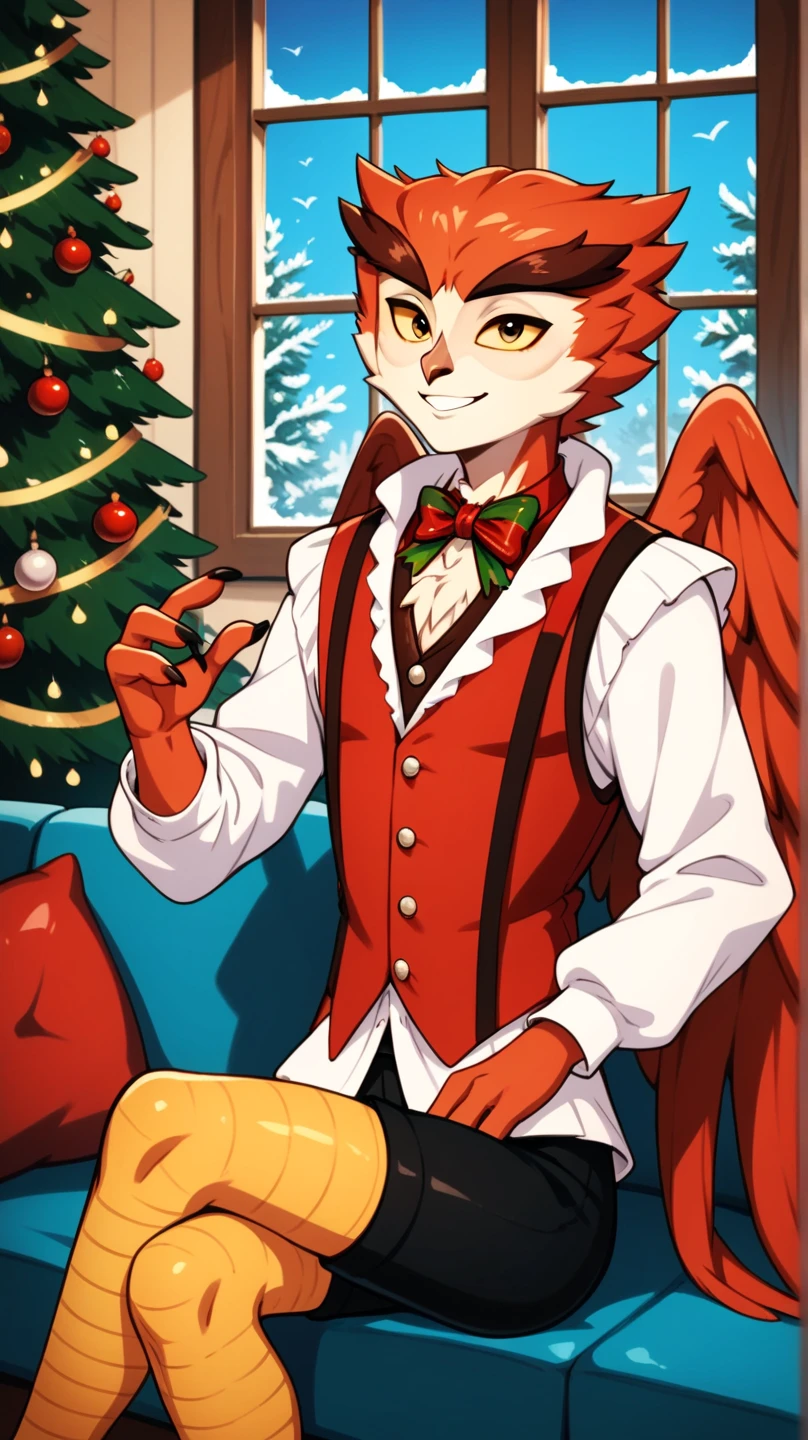 masterpiece, 1boy, herneval, solo, owl, feathered, wings, vest, yellow sclera, three fingers each hand, bird legs, xmas, victorian indoors, xmas tree, pile of xmas gifts, snow in window, sitting in a red couch, light smile, 