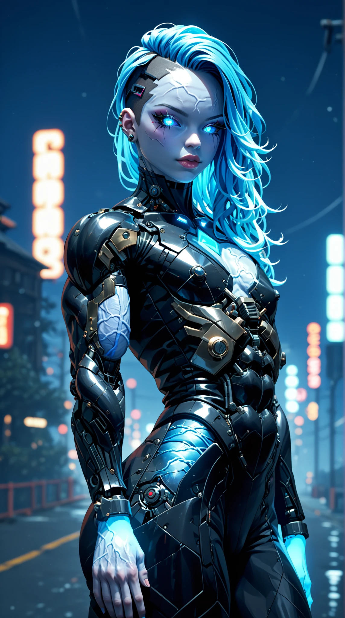 score_9, score_8_up, score_7_up, (1 girl), (asian), beautiful teenage (skinny) muscular goth cyborg girl, (full Cybernetic bodysuit:1.5), (black sclera:1.5), (blue glowing eyes:1.5), (blue glowing body veins:1.5), (flat chest:1.25), (blue glowing hair:1.25), (beautiful face:1.25), (bodybuilder femboy physique:1.25), (skinny long legs:0.75), bimbo lips, cowboy shot, cybernetic, mechanoid body parts, exposed cables and circuits, neon lights, gothic neon style, cyber punk style, Stable_Yogis_Scenery_Negatives, Stable_Yogis_Scenery_positives,  Stable_Yogis_PDXL_Positives, Stable_Yogis_PDXL_Negatives