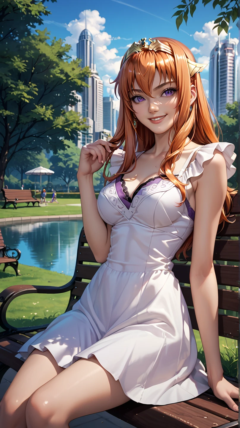 score_9, score_8_up, score_7_up, score_6_up, cowboy shot, semi-realistic, smile, anime style,alien planet, spaceship, outdoors, sky,  1girl,bench, sitting, Maya Cordelia, 1girl,
orange hair, long hair, sidelocks, purple eyes, tiara,
short dress, sundress, park, bench, sitting, outdoors, summer