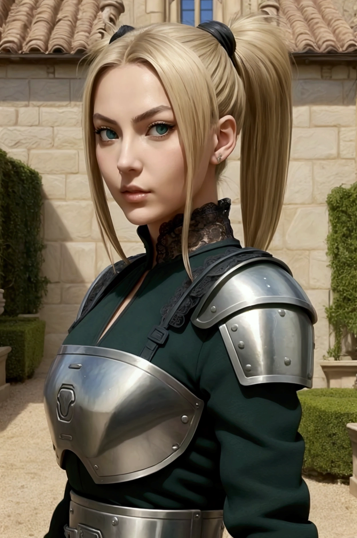 1 italian woman, break: blonde, dark green eyes, half up hairstyle with pigtails, temari reference, detailed face, tall , hot woman , strong body woman, armored, lace style, background in garden of castle
