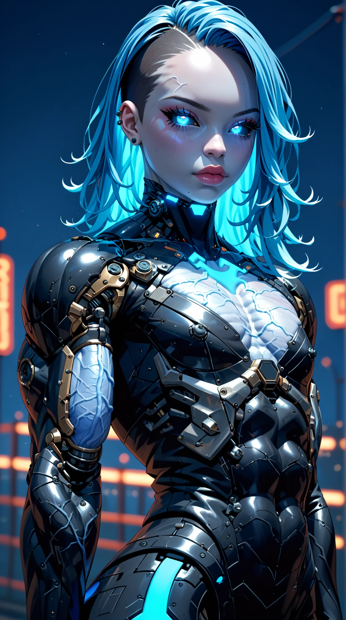 score_9, score_8_up, score_7_up, (1 girl), (asian), beautiful teenage (skinny) muscular goth cyborg girl, (full Cybernetic bodysuit:1.5), (black sclera:1.5), (blue glowing eyes:1.5), (blue glowing body veins:1.5), (flat chest:1.25), (blue glowing hair:1.25), (beautiful face:1.25), (bodybuilder femboy physique:1.25), (skinny long legs:0.75), bimbo lips, cowboy shot, cybernetic, mechanoid body parts, exposed cables and circuits, neon lights, gothic neon style, cyber punk style, Stable_Yogis_Scenery_Negatives, Stable_Yogis_Scenery_positives,  Stable_Yogis_PDXL_Positives, Stable_Yogis_PDXL_Negatives