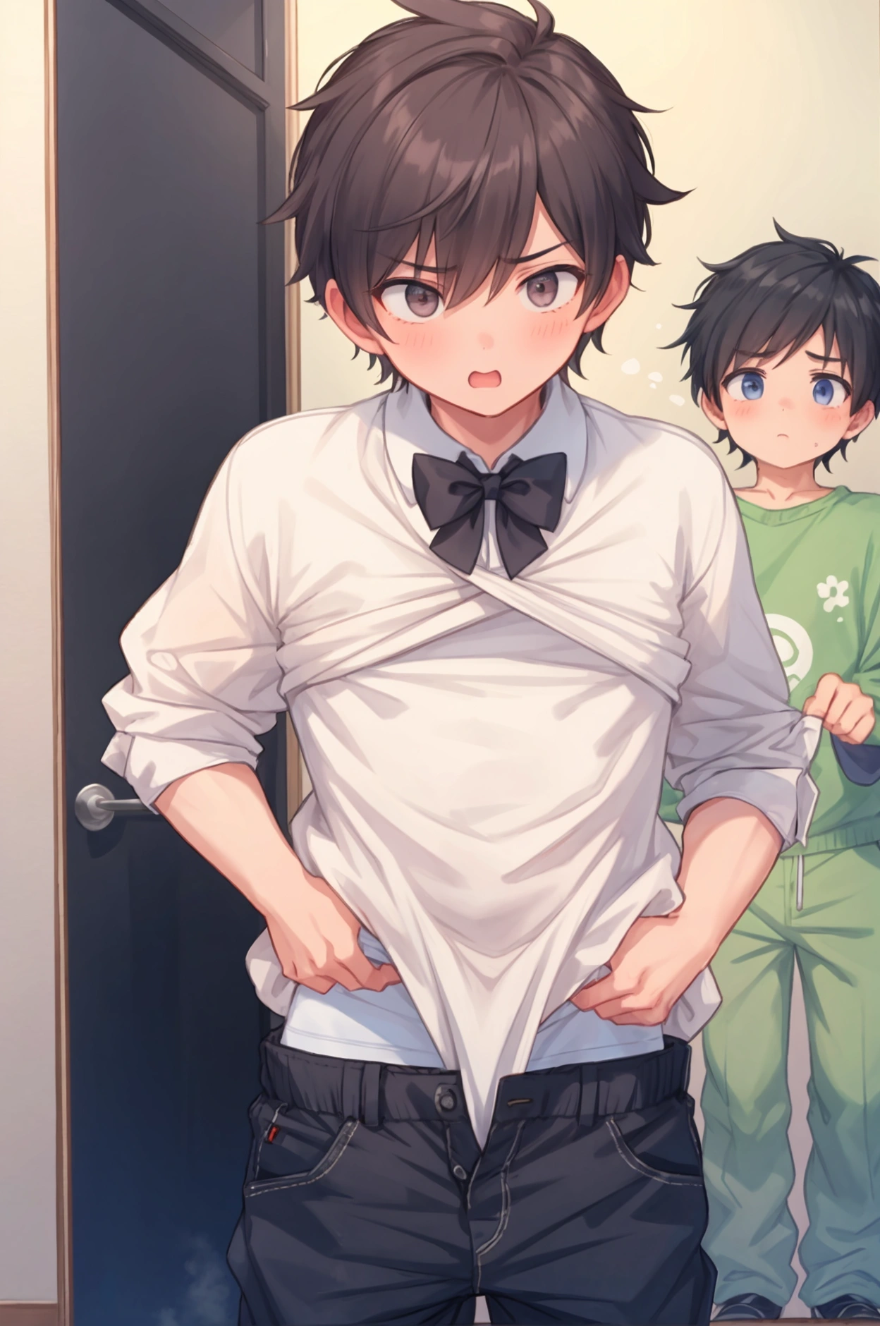 anime, kid, boy, cute face, lifting his shirt, khaki shorts, green shirt, black hair, blue eyes, boxers inside his shorts, half naked, in his room, looking in the mirror, blushing and perverted face