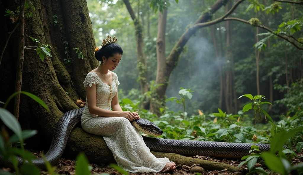 ((ultra-realistic photo)) [A 16-year-old Asian woman with smooth skin, dressed in traditional white Javanese wedding attire. Her intricate outfit features delicate lace patterns and traditional details, symbolizing the rich cultural heritage of Indonesia. The woman sits hunched over, her face downcast as tears stream from her eyes, capturing a moment of deep sorrow and vulnerability. She is seated at the base of a large tree, her delicate hands resting on her lap. Beside her, a massive and ferocious snake looms, its thick, muscular body coiled partially around the tree. The snake’s mouth is open wide, revealing large, razor-sharp teeth, exuding an aura of menace and danger. The surrounding setting is a dense, lush jungle filled with thick foliage. Mist and natural smoke linger in the air, adding a mysterious and dramatic atmosphere. The lighting is soft and natural, filtering through the canopy above, casting dappled shadows on the woman and the snake. The composition is a medium telephoto shot, captured in ((8K HDR)) resolution, ensuring highly detailed textures on the woman’s attire, the snake’s scales, and the surrounding forest environment.]