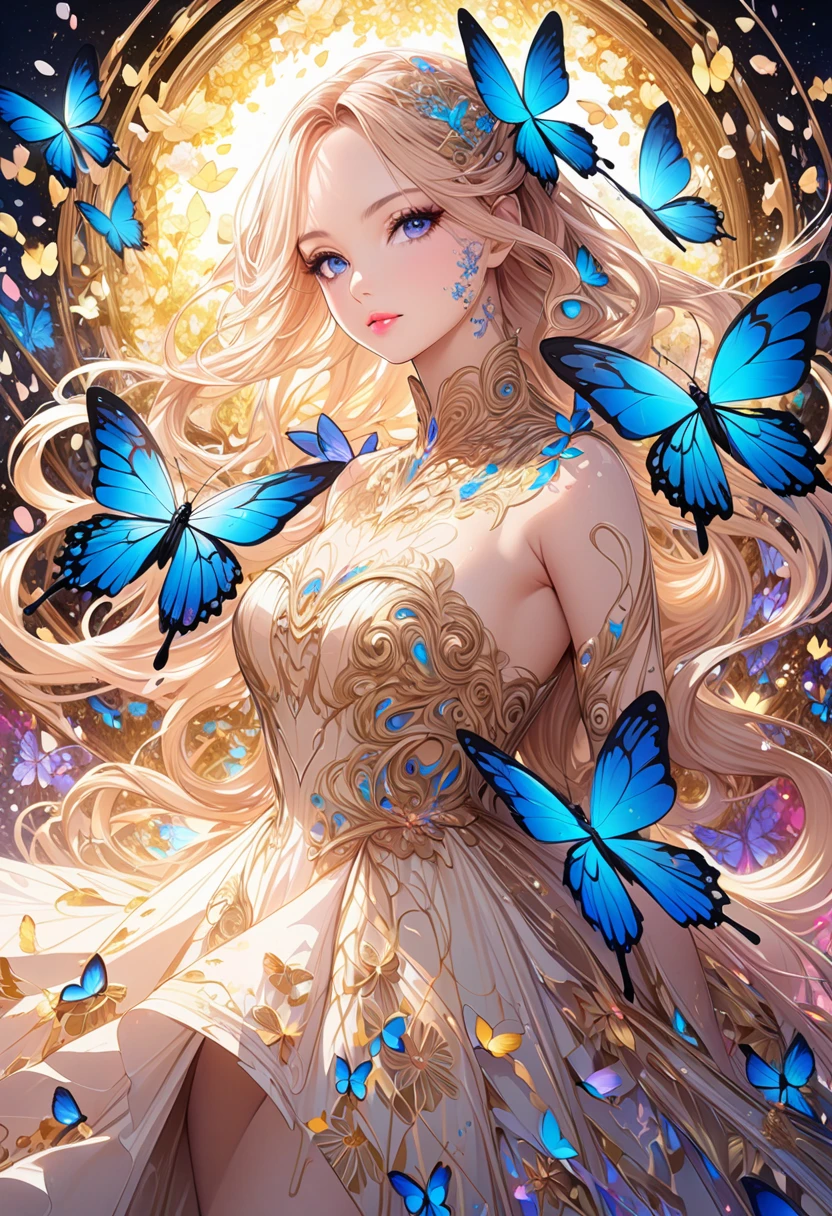  ( best quality ,  high image quality,  high definition , 8k),  Wears a Beige Thread Flowing Skirt , Anatomically perfect,  Very Attractive Pretty Girl ,  Exquisite Narrow Eyes ,  pink lips,  Her Beige Hair Flows in the Wind , Blue Butterflies and Yellow Butterflies , Lots of Petals ,   Swirling Around the Girl 、 Very Very Fantastic ,  Extraordinary Glitter ,  Glitter Art Decor, Soft Rich Level ,  Vivid Tones ,  Visually Beautiful Composition , Best Light ,  Shading Error ,  Complicated Ultra Detailed Art Pen , pentel illustration art, 
