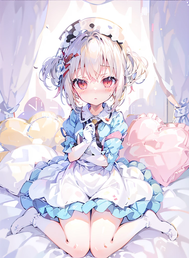 Anime girl sitting on bed,There were teddy bears and stuffed animals, Cute anime girl, Soft anime illustration, Splash art anime , small curvaceous , anime moe art style, in dress, anime girl in a maid costume, anime visual of a cute girl, Cute anime, small girl, cute anime waifu in a nice dress,Wear white silk