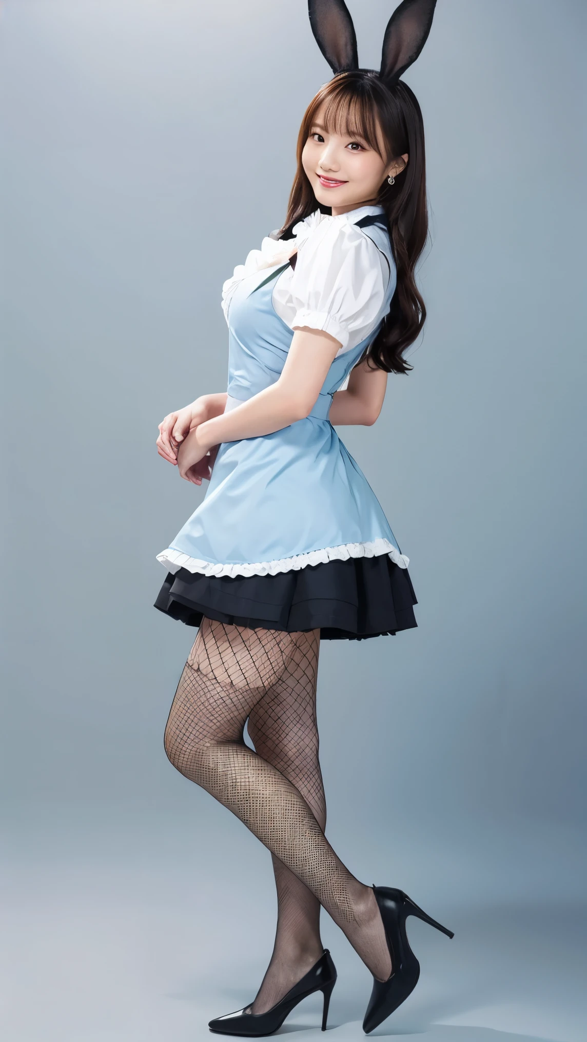 Bunny girl in a light blue maid outfit:1.5,Wearing light blue fishnet stockings:1.5, Best Smile :1.5, full body shot :1.5, gray background :1.5, wearing black high heels:1.5,