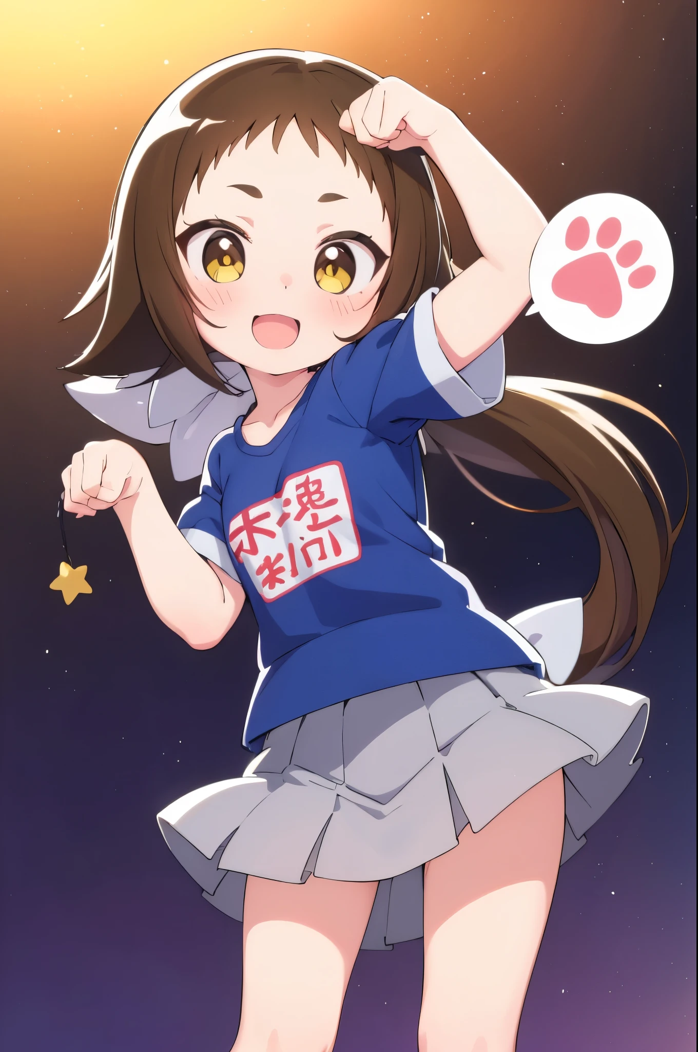 (((((**** face))))),(((((Mimine Mashiro))))),(((((paw pose))))),(((Star pattern background))),(((many spoken heart))),((( ponytail ))),((( smaller))),((( embarrassing))),(((((blush))))),((( yellow eyes))),(((((ピンク色のT-Shirts))))),((((( super mini skirt ))))),(((((Short sleeve))))),(((((T-Shirts))))),((((( is short))))),((( white skin))), panties are visible on the shoulders,((((( s体型))))),(((((Thighs))))),((((( s))))),( chibi),( best quality),masterpiece, best quality, high definition , very detailed,ultra  high definition ,One person, I feel the audience ,Detailed costume, skin texture, movie lighting, professional lighting during in-flight service,((((( s))))), white panties,( flat chested),(a bit),cute,(((smile))),(((Brown Hair))), open mouth,fang