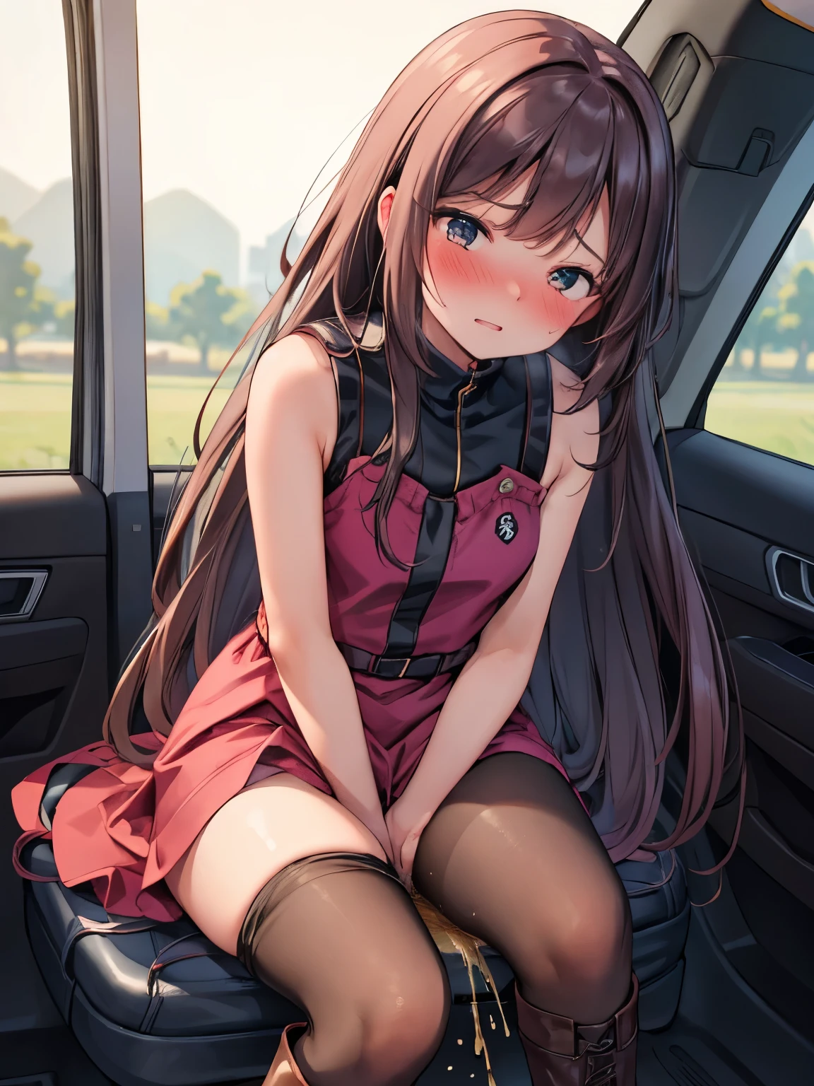 (8K, ultra-detailed, best quality, anatomically perfect body:2), (beautiful breast:1.2), shiny skin, (1 girl), (have to pee), (desperate urge to pee), (very desperate to pee), (her bladder is at its limit:1.5), (sitting shallowly on seat in car:1.6), (fidget:1.2), (maxi dress, pantyhose, ankle boots:1.5), panty pull, (Untidy hair:1.4), (she squeezes her crotch tightly:1.8), (leaning backward:1.5), (knees together, Rub each other's thighs:1.7), (shrugs:1.6), (orgasm:1.5), (full face blush:1.7), (embarrassment:1.6), (impatience:1.7), (flustered:1.5), (flowing sweat:0.7), (twist whole body:1.4), (panting), breathless, (Humiliation), (Erotic feelings), (closed eyes:0.95), (She is fetish to endure pee:1.2), (tear), looking away, (head tilt:1.1), (parted lips:1.1), (SIGMA 105 mm F/2.8, 1/100 sec shutter, award-winning), nsfw,