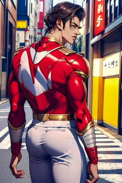 (  best quality ), ,Back Alley,  Japanese with a cool and handsome face ,Beautiful young 18 years old ,  handsome idol , shiny power rangers suit,  toned and muscular , Tall,