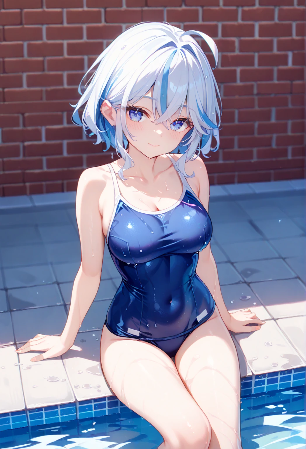 a very good looking girl painted with blue and white hair sitting on brick wall by a large pool of water, 1girl, solo, swimsuit, smile, blue hair, one-piece swimsuit, sitting, blue eyes, breasts,school swimsuit, wet, looking at viewer, white hair,  bare arms, streaked hair, water, covered navel, ahoge, thighs, blue one-piece swimsuit, closed mouth, bare shoulders,