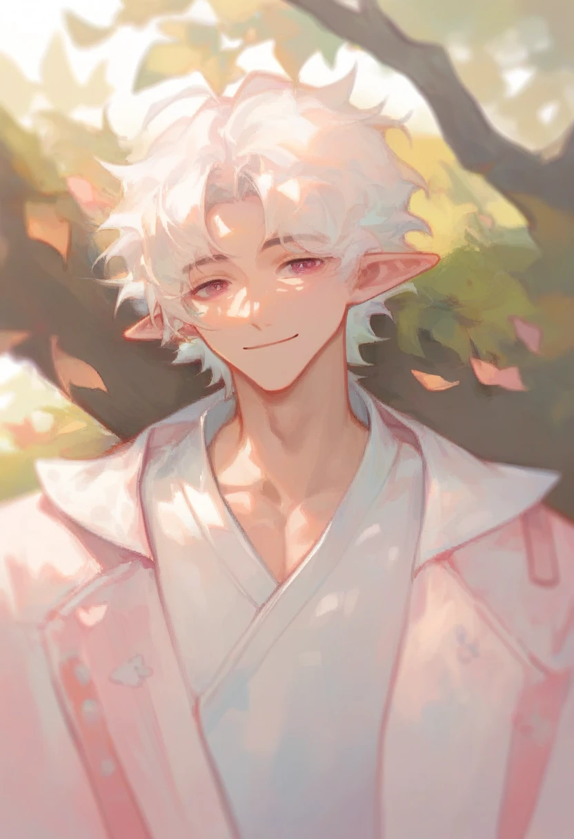 1 boy, cute face, upper body, korean, under tree, white hair, blossom, jacket, smile, leaves