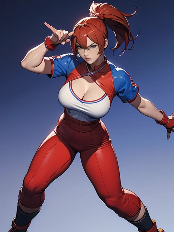 A heavyweight woman is standing wearing red and blue clothes, Fighting game characters, 3d character art 8k, Asuka, As a character in Techn,  King of Fighters character , Fighter Pose, Mirabelle Madrigal&#39;s Rendering, Combat pose, 3D Character Art, 8k octa-rendered photo, she&#39; ready for battle, Combat pose