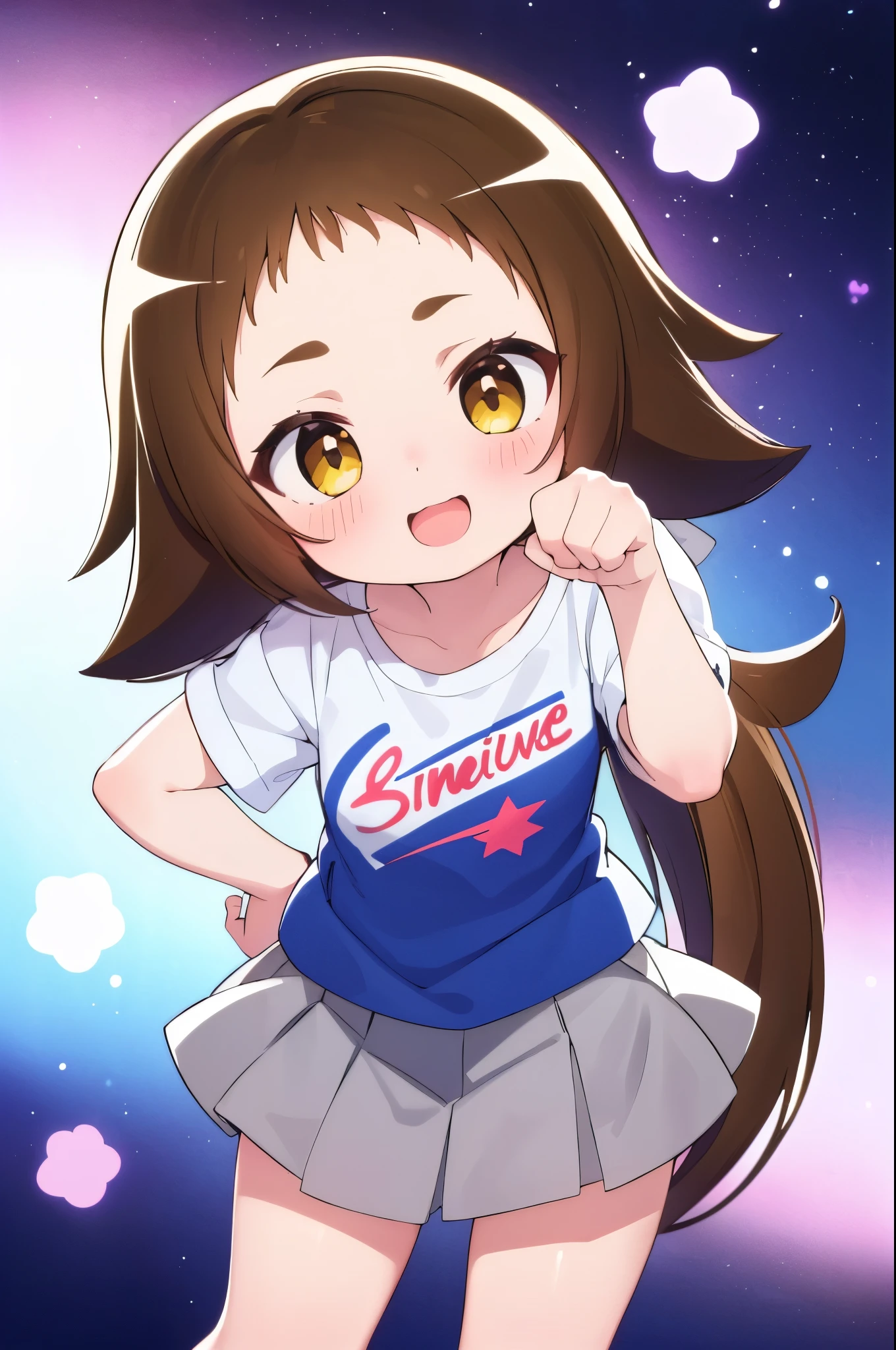 (((((**** face))))),(((((Mimine Mashiro))))),(((((paw pose))))),(((Star pattern background))),(((many spoken heart))),((( ponytail ))),((( smaller))),((( embarrassing))),(((((blush))))),((( yellow eyes))),(((((ピンク色のT-Shirts))))),((((( super mini skirt ))))),(((((Short sleeve))))),(((((T-Shirts))))),((((( is short))))),((( white skin))), panties are visible on the shoulders,((((( s体型))))),(((((Thighs))))),((((( s))))),( chibi),( best quality),masterpiece, best quality, high definition , very detailed,ultra  high definition ,One person, I feel the audience ,Detailed costume, skin texture, movie lighting, professional lighting during in-flight service,((((( s))))), white panties,( flat chested),(a bit),cute,(((smile))),(((Brown Hair))), open mouth,fang