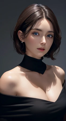 Skin Tight Top:1.2, Looking at Viewer, Cinematic lighting, Perfect, softlight, High resolution skin:1.2, Realistic skin texture, 30 years old mature woman、a small face、no-makeup、, off shoulders,Bust B Cup、Small breasts、 Exposed cleavage, Blue eyes, Short hair, dark brown hair、fullnude、Gray background、