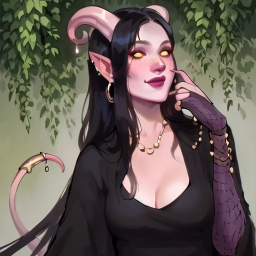 score_9, score_8_up, score_7_up, score_6_up, sw4p, 1girl, cute, Tiefling woman, shiny eyes, sexy, long elegant perfect Tiefling Horns, tiefling tail with jewelery, simple background, 8k, masterpiece:1.5, ultra finely detailed:1.5, perfect hands, freckles, half smile on her face, hear shapes around her head