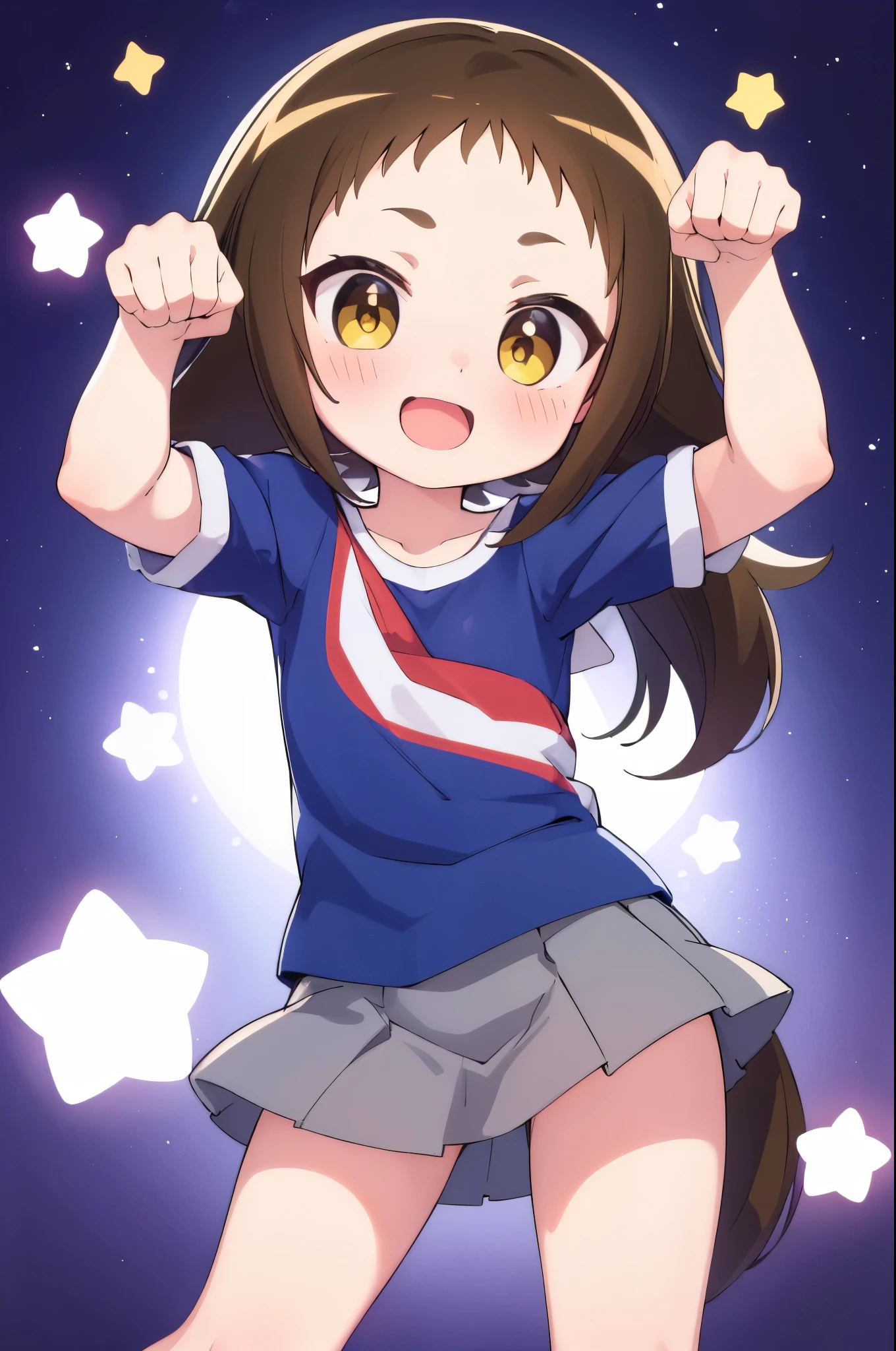 (((((**** face))))),(((((Mimine Mashiro))))),(((((paw pose))))),(((Star pattern background))),(((many spoken heart))),((( ponytail ))),((( smaller))),((( embarrassing))),(((((blush))))),((( yellow eyes))),(((((ピンク色のT-Shirts))))),((((( super mini skirt ))))),(((((Short sleeve))))),(((((T-Shirts))))),((((( is short))))),((( white skin))), panties are visible on the shoulders,((((( s体型))))),(((((Thighs))))),((((( s))))),( chibi),( best quality),masterpiece, best quality, high definition , very detailed,ultra  high definition ,One person, I feel the audience ,Detailed costume, skin texture, movie lighting, professional lighting during in-flight service,((((( s))))), white panties,( flat chested),(a bit),cute,(((smile))),(((Brown Hair))), open mouth,fang