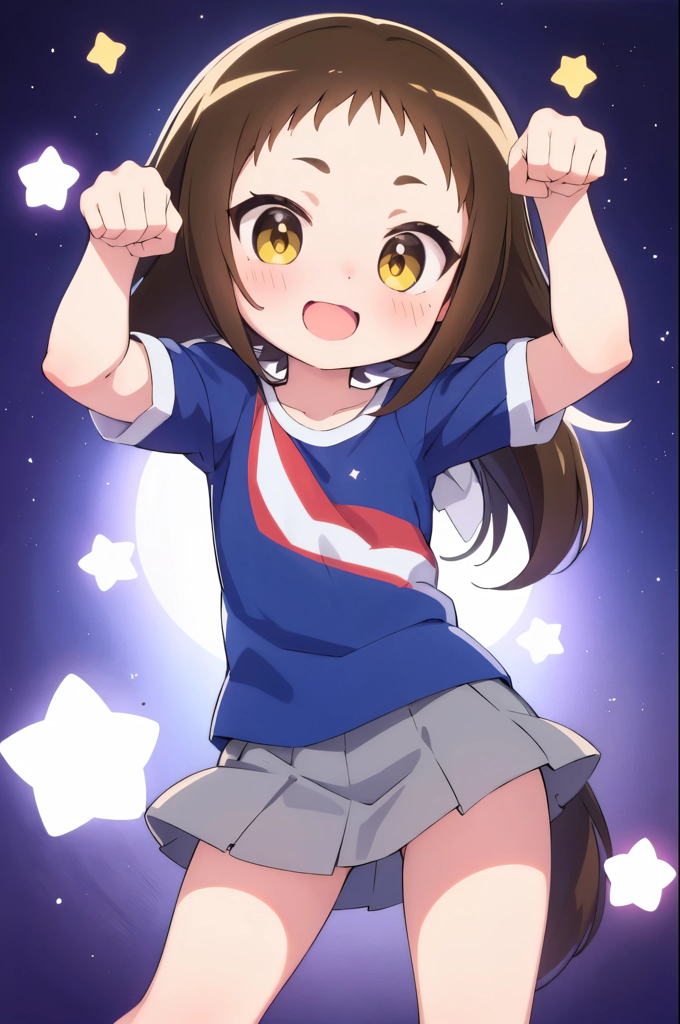 (((((**** face))))),(((((Mimine Mashiro))))),(((((paw pose))))),(((Star pattern background))),(((many spoken heart))),((( ponytail ))),((( smaller))),((( embarrassing))),(((((blush))))),((( yellow eyes))),(((((ピンク色のT-Shirts))))),((((( super mini skirt ))))),(((((Short sleeve))))),(((((T-Shirts))))),((((( is short))))),((( white skin))), panties are visible on the shoulders,((((( s体型))))),(((((Thighs))))),((((( s))))),( chibi),( best quality),masterpiece, best quality, high definition , very detailed,ultra  high definition ,One person, I feel the audience ,Detailed costume, skin texture, movie lighting, professional lighting during in-flight service,((((( s))))), white panties,( flat chested),(a bit),cute,(((smile))),(((Brown Hair))), open mouth,fang