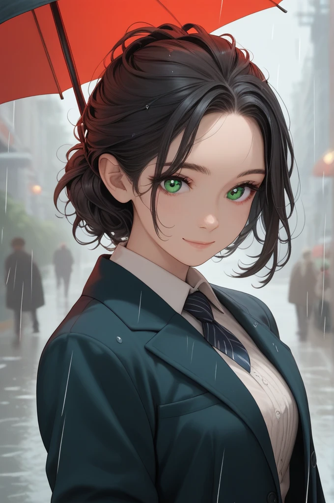 Tall　Hairstyle sauvage long　 black hair　Poses like a photo book　Green Eye　Holding an umbrella in a rainy park　 blazer　Gentle smile