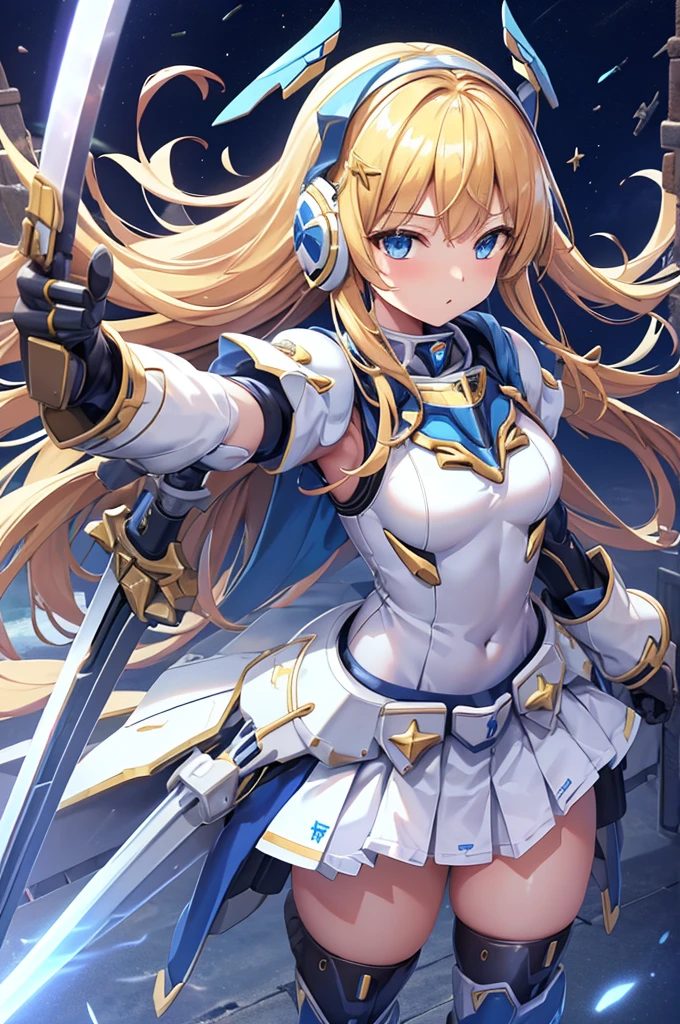 Rin々Funny face、mecha wing、Thighs、tights、chest、 shiny blond hair、 1 girl、 solo girl、 headset 、mecha girl、White Armor、 light blue mini skirt 、 holding a sword 、sword、priestess