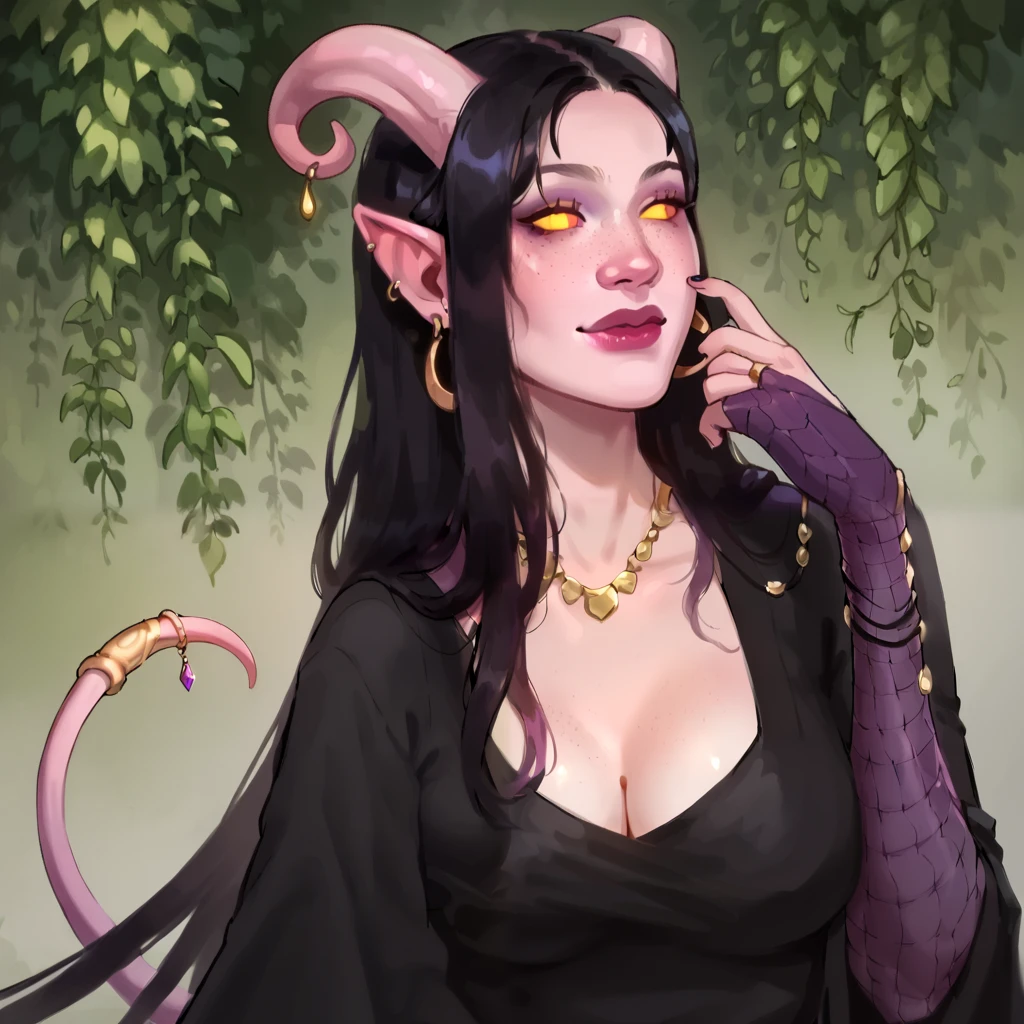 score_9, score_8_up, score_7_up, score_6_up, sw4p, 1girl, cute, Tiefling woman, shiny eyes, sexy, long elegant perfect Tiefling Horns, tiefling tail with jewelery, simple background, 8k, masterpiece:1.5, ultra finely detailed:1.5, perfect hands, freckles, half smile on her face, hear shapes around her head