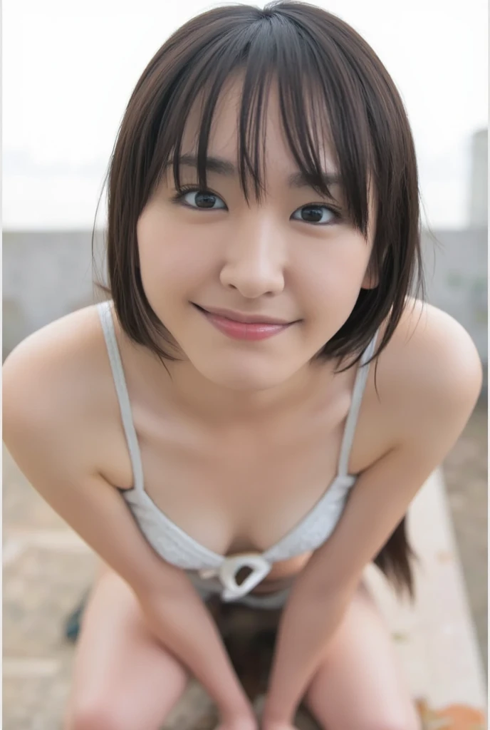 yui,she is looking away, best quality, 4K, 8k, high resolution, cinematic, vibrant, intricate, Hyperrealistic, high detail，(( ponytail ))、Narrow eyes、 swollen eyelids、 white bikinis、 flat chested、 slender body 、nsfw,1girl,, Japanese girl who can see into the distance、 high school girl、１６talent、Black Hair、 Beautiful White Skin 、bangs：1.5、((( big smile )))、from below,