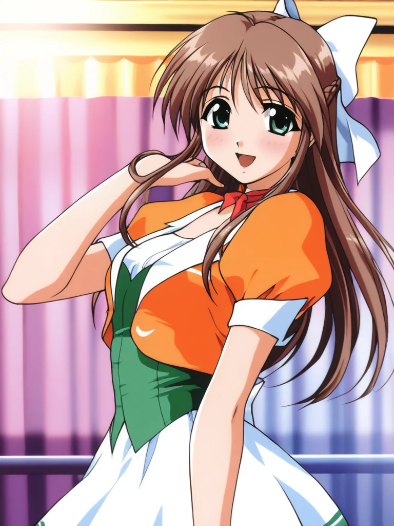 masterpiece,best quality,very aesthetic,highres, HinomoriAzusa, 1girl, solo, brown hair, long hair, green eyes, medium breasts, smile, blush, waitress, idol type, idol type, idol type, dress, short sleeves, puffy sleeves, orange shirt, vest, :d, green vest, choker, white skirt, hair bow, white bow,