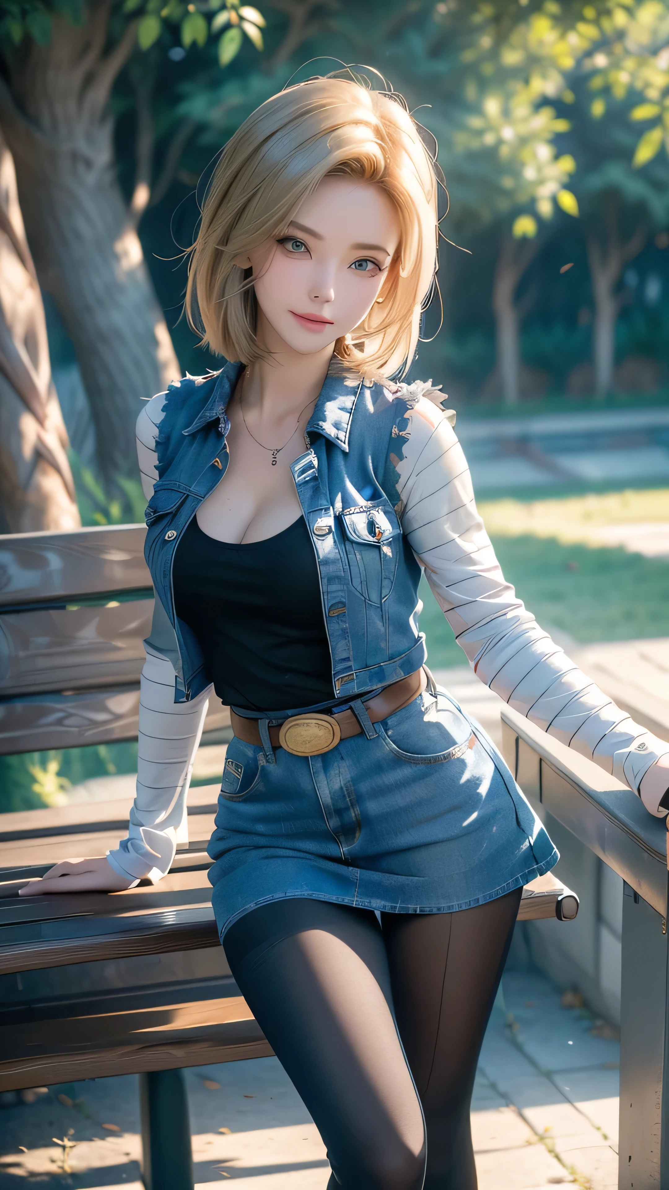 ((Front View)), ((Android 18)), ((In park)), ((She is standng next to the bench)), ((She blushes)), ((Her eyes are full of sexual thoughts wih smiling)), ((She leans back on her own)), ((She falls all the way back on the bed)), ((She looks straight ahead with sticky yet small eyes)), ((Her body continues to tilt to the side against her will)), ((The hem of my denim skirt keeps rolling up), ((The inside and outside of the hem near the left thigh of the denim skirt are turned inside out)), ((A panty line is visible on the upper part of her left leg)), ((But she lifts her right leg up more blatantly so that the observer doesn't notice)), (The pillow is on her head), (Pretty and sexy girl), (Light blonde hair), Medium length shaggy cut hair, She have Very large breasts bouncing, Wearing a very short blue H-line denim skirt, Wearing a denim vest, The denim skirt and denim vest colors match, She Wear long sleeves, It has long sleeves with black stripes at regular intervals on a white background, She wears a pantyhose, She wears flesh-colored illusion pantyhose, The pantyhose she wears look like brown stockings, She wore pantyhose and white panties over them, Wearing a Western cowboybelt, Wearing a black t-shirt that exposes deep cleavage, not wears a bra, The breast position of the black T-shirt clearly exposes the breast areola, ((She changes position)), ((She is looking straight ahead at the viewer and spreading her legs outward)), ((shyly with her right eye)), ((bench)), ((Standing next to the the bench)), ((two trees)), (masterpiece:1.3)