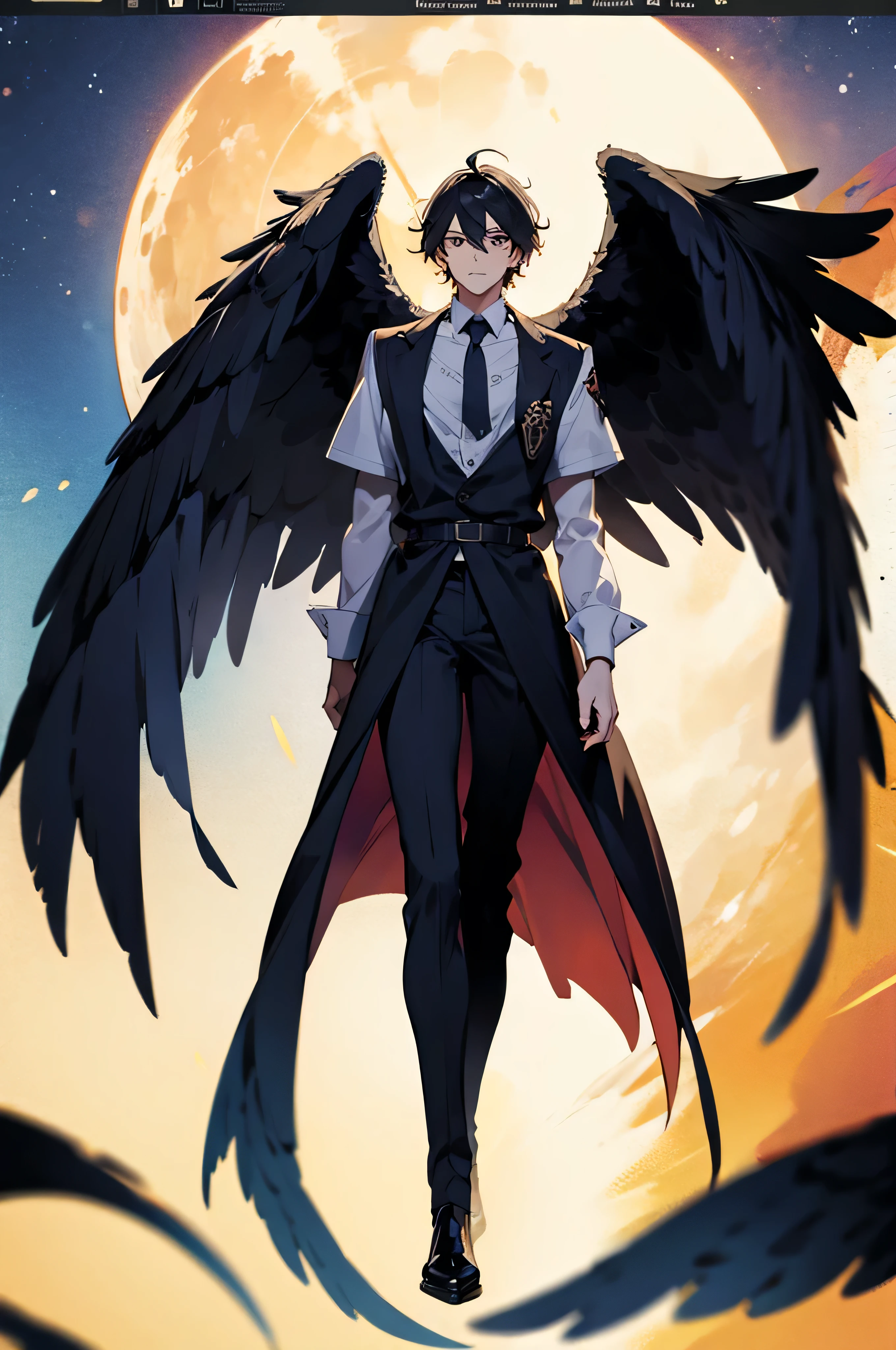 a tall male with black wings, anime illustration, anime, full-body illustration, full body, wings in frame, wings on side, wings folded