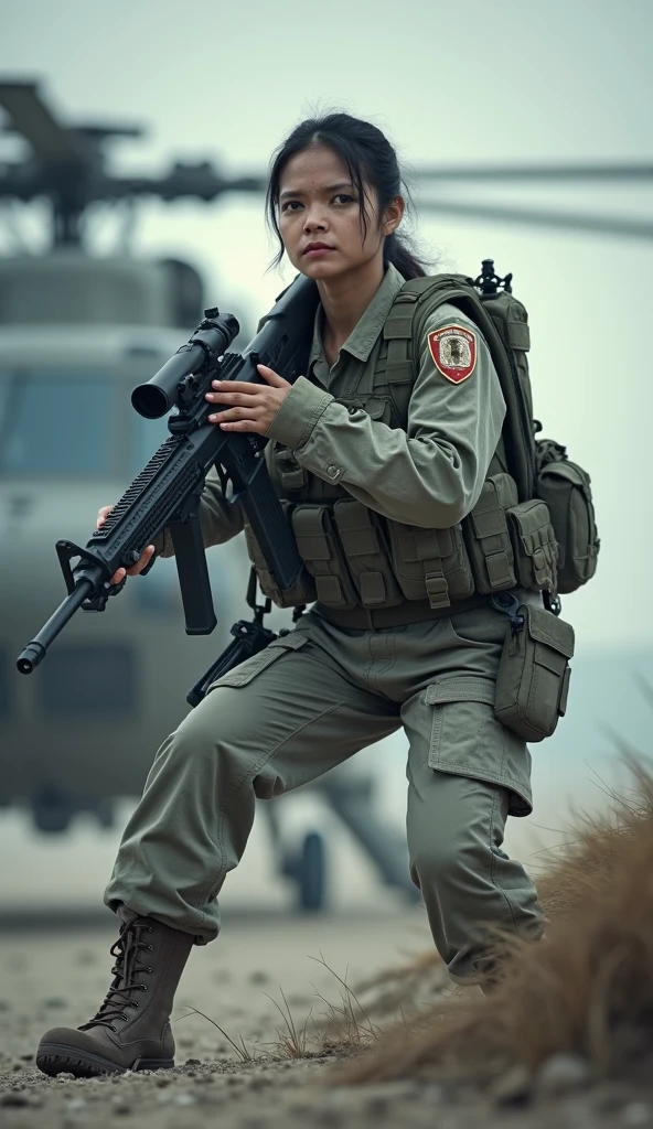 8k, Realistic photos, Realistic skin texture, Beautiful  women serving in the RUS military、Inside a building strewn with rubble、get attacked、Resist and try to escape、Collapsed wall、Automatic rifle、Bulletproof vest、Back back、boots、Covered in scars、Stern expression、Dynamic pose、Innovative Configuration、Dust is flying