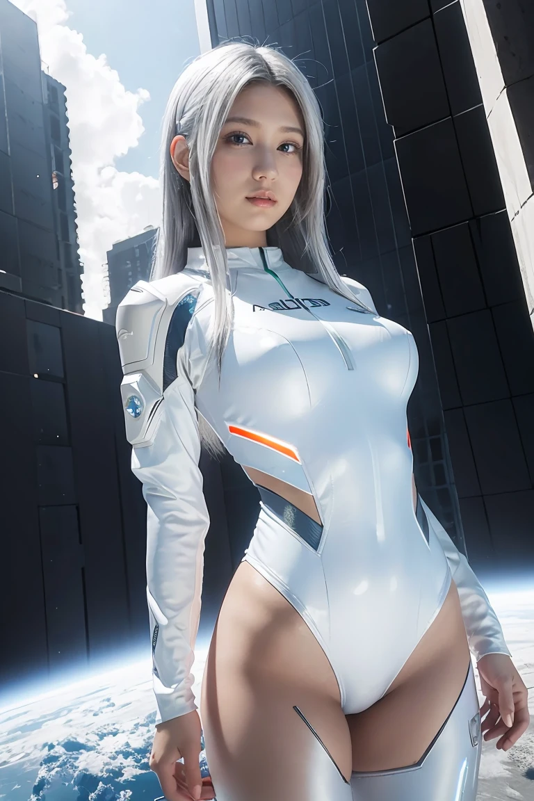 ((masterpiece, best quality, extremely detailed), volumetric lighting, ambient occlusion, colorful, glowing), 
1girl, solo, young girl, (silver hair), long hair, halo, aura, sacred, goddess, cyber suit, (white outfit:1.3), 
outdoors, sunset, sky, clouds, space, (cyberpunk theme:1.2),