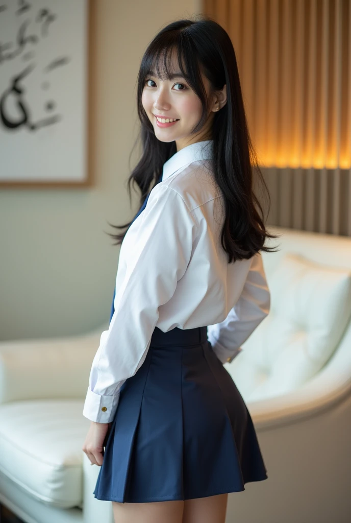 (8K), (Highest quality: 1.2), (Realistic), (Realistic: 1.37), Ultra-high resolution, 1 Girl, cute, smile, Mouth closed, Beautiful details, Beautiful Nose, Wet Hair, Giant Dulcefo, pork, Thighs,Self Snap,University Uniforms,A simple blazer,Pleated skirt,(Opaque black thigh-high socks),Sit on the bed, (From above),(From the side)