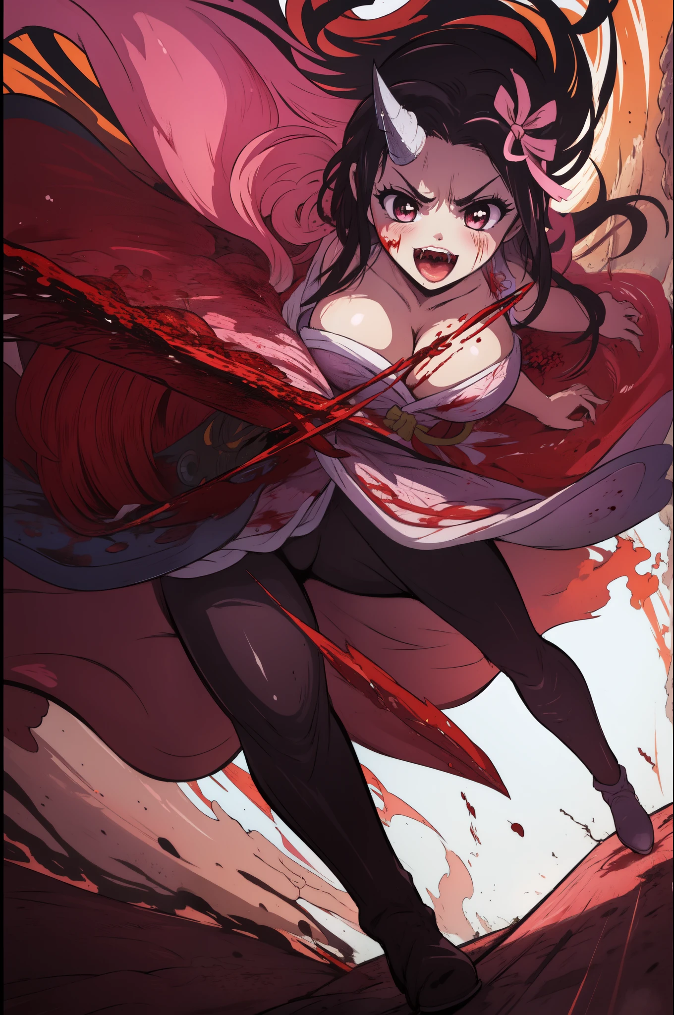 anime, HDR, Soft light, (( top quality )), ((masterpiece)), ( in detail),   kamado nezuko ,  Black hair , forehead,  open mouth, fangs,  pink eyes ,  Very long hair , hair ribbon,  Japanese clothes ,  pink kimono ,  colorful hair ,  pink ribbon , cleavage, wicked, horn,  duration , Legs apart, fighting stance, Blood, Blood on clothes, Blood on face, flowing Blood, Destruction, in the style of “Blade ,  that cuts through demons”, sparks, 