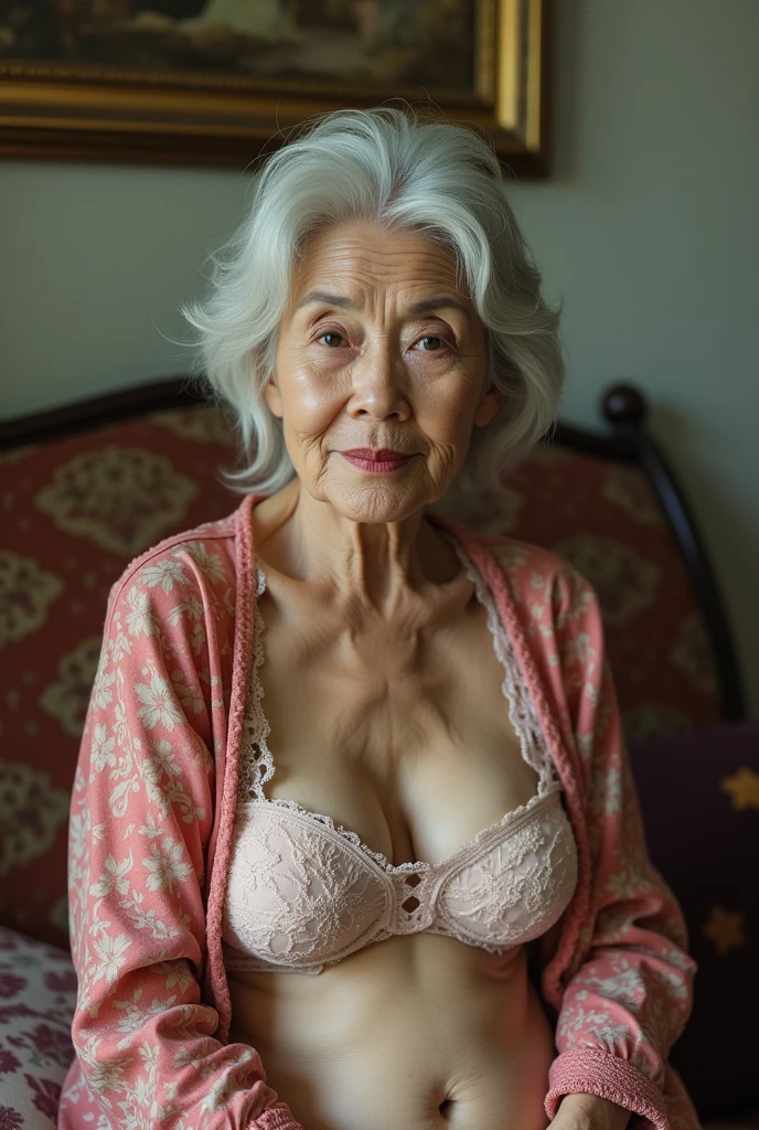 small ancient woman, dark brown eyes, smirk, curious, imperfections, beach phone photo style, 98 year old, naked, ragged clothes, on all fours, modern, living room, top down