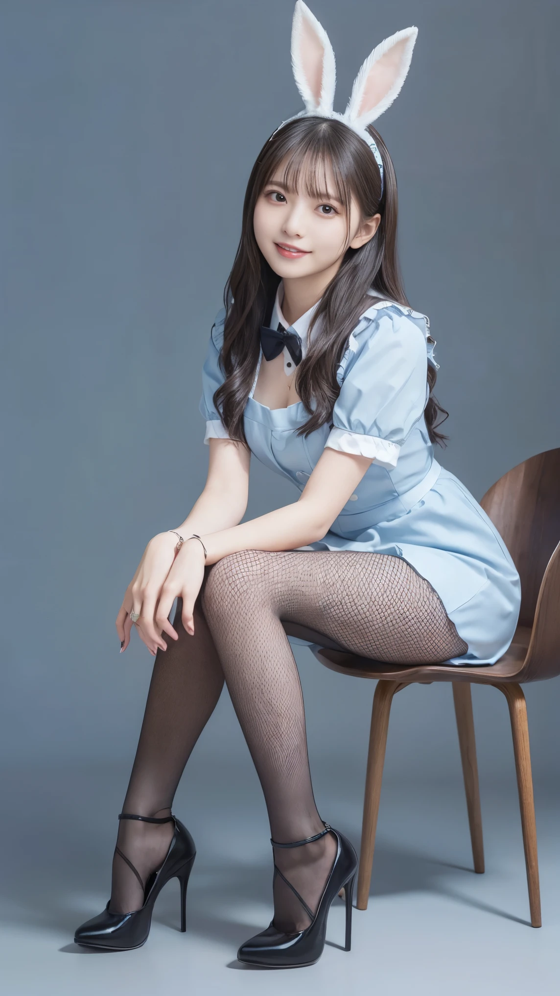 Highest quality, masterpiece, One girl, alone, ferry, Long Hair, ferryBase, Knee socks, Exposing shoulders, jewelry, No sleeve, White Dress, Blue Skirt, gloves, bed room, bed, Wooden floor, Sitting, Sitting on bed, Put your hands on your feet, smile, Soft lighting, whole body, Wide Hips, Medium chest