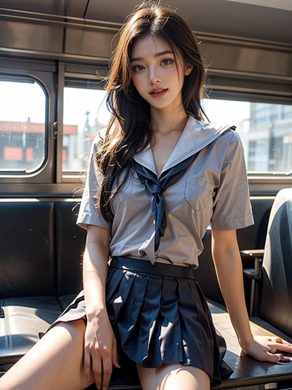 (Best Quality, High resolution, masutepiece :1.3), Pretty women, plump big breasts, Constricted waist,
Against the background of reddish sunset sky、Clouds and sun sink into the ocean, Beautiful schoolgirl in uniform sitting. Her hair is light brown, And it's medium bob style. She wears a white blouse and pleated skirt as part of her uniform. She sits with her legs apart, And her gaze is directed to the camera. Create this scene from a low angle shot.