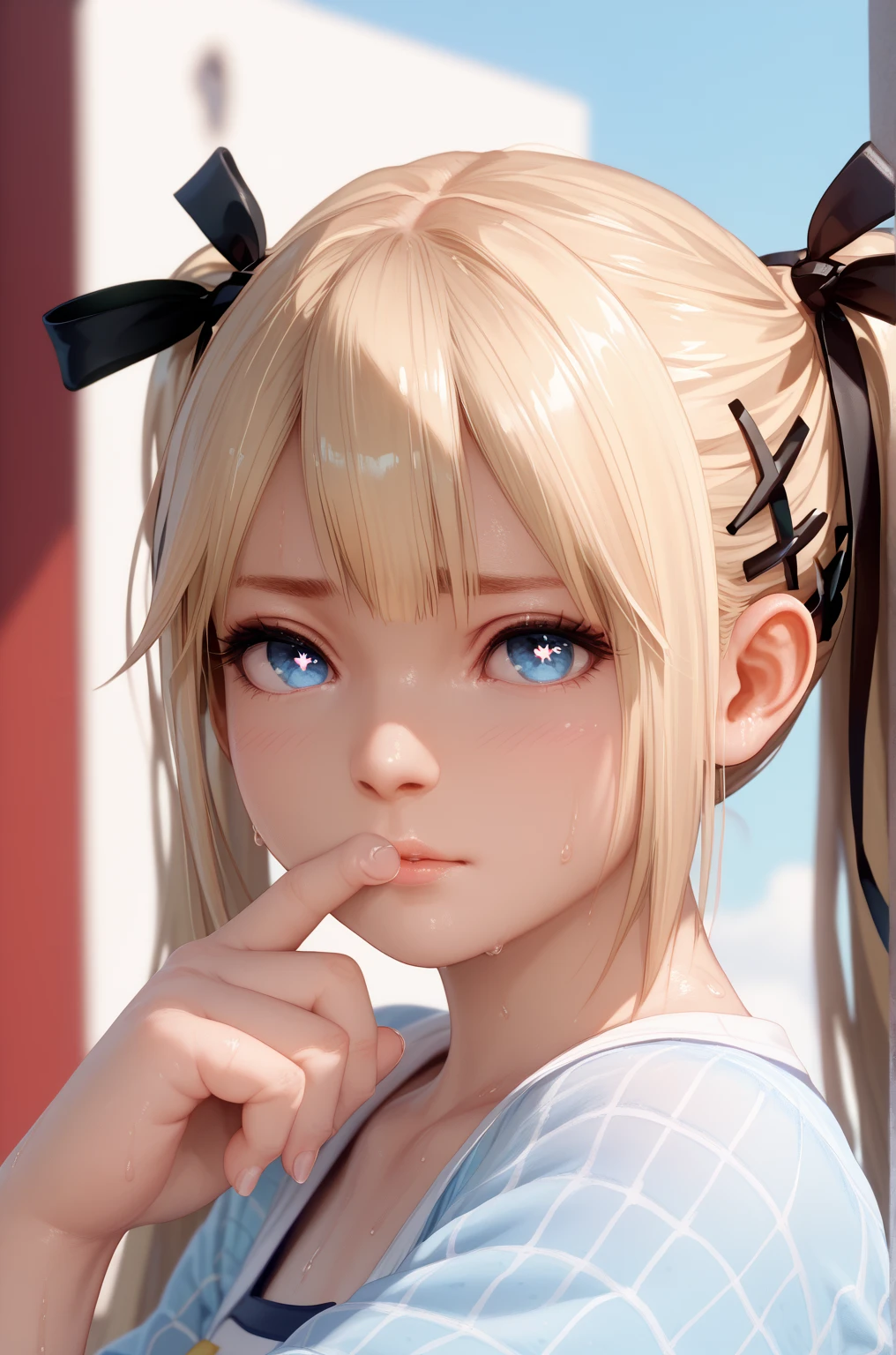  1 girl, Single,  High resolution , masterpiece, precise,  Best Quality ,  high detail,  High Quality ,  Very Detailed ,  Ultra HD,  Textured Skin ,  Bright Pupils ,sweat, Red-Faced,shy, marie rose,blond,  Ponytail , blue eyes, 