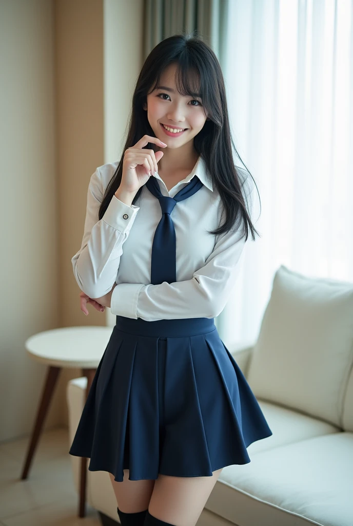 (8K、RAW Photos、top-quality、masterpiece:1.2)、(realisitic、Photorealsitic)、1人、((White shirt with long sleeves、a sailor suit、red necktie、Below-the-knee length navy pleated skirt))、(High School Girl)、28 year old、Skirt Rolling Up、gals、Lots of lashes、Lame on the eyelids、Dark Red Knee-High Socks、Skeletally correct、crotch open、wavy twintails、Cute smile、Sweaty body、attractive body beautiful perfect body、V-line emphasis、Hands behind the head、Beautifully aligned fingertips、