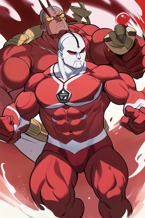 (masterpiece, best quality), 1 old man, handsome beautiful face, muscle male, beautiful body, wearing asuka plugsuit, bodysuit, interface headset, red bodysuit, nice bulge, nicebulge, pronounced nipples, big swollen sensitive nipples,