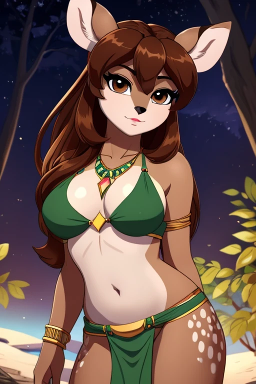 ((ultra quality)), ((tmasterpiece)), Deer Girl, furry doe, ((there are only deer ears)), ((there is a deer tail in the back)) (brown-haired woman, long straight hair), (green leaves in hair), (Beautiful cute face), (beautiful female lips), Charming, (doe nose), ((sexy facial expression)), is looking at the camera, eyes are slightly closed, ((skin color brown)), Body glare, ((detailed beautiful female eyes)), ((dark brown eyes)), (juicy female lips), (beautiful female hands), ((perfect female figure)), perfect female body, Beautiful waist, black claws, beautiful breasts, ((Subtle and beautiful)), seductively worth it ((frontal view)), (wearing a green tribal loincloth, green tribal top, Tribal jewelry) background: Night Forest, kali, ((Depth of field)), ((high quality clear image)), (crisp details), ((higly detailed)), Realistic, Professional Photo Session, ((Clear Focus)), the anime, NSFW