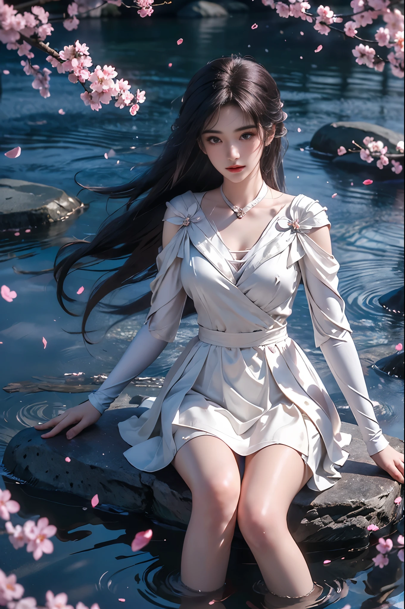  ((photorealistic)), ((masterpiece)), (ultra-detailed), (high quality), beautiful young woman, (Full breasts, visible cleavage), (Very short hemline, revealing smooth thighs), (Correct and beautiful leg shape), perfect facial features, flawless skin, flowing long hair, slim figure, (sitting on a large rock in a river:1.3), (feet dangling in clear flowing water:1.2), (one hand elegantly running through her hair:1.2), (scattered cherry blossom petals:1.3), (floating petals in the air:1.2), (petals on water surface:1.2), soft natural lighting, shallow depth of field, gentle water ripples, cinematic lighting, professional photography, 85mm lens, F2.8, bokeh