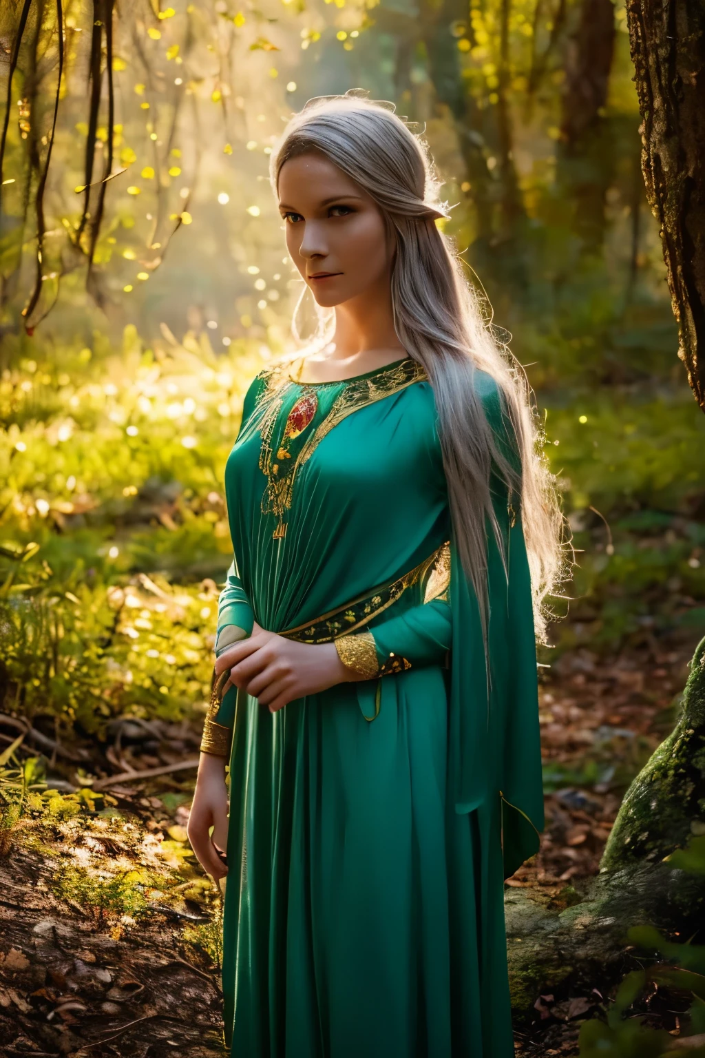 Galadriel, a radiant elven queen, standing gracefully in a magical elven forest bathed in soft, ethereal light. She is wearing a flowing green dress adorned with intricate golden embroidery, reminiscent of delicate vines and leaves, perfectly complementing the lush surroundings. Her long, silvery hair cascades over her shoulders, glowing softly in the dappled sunlight filtering through ancient, towering trees. The forest is alive with magical energy, featuring bioluminescent flowers, sparkling streams, and faint, glowing particles floating in the air. Her expression is serene and wise, her piercing eyes reflecting the timeless beauty and wisdom of the elves. The scene is infused with an otherworldly atmosphere, with fine details in the textures of her dress, the bark of the trees, and the vibrant flora. Photorealistic rendering, ultra-high-definition, with dramatic, yet soft lighting highlighting her elegance and the magical ambiance of the forest.