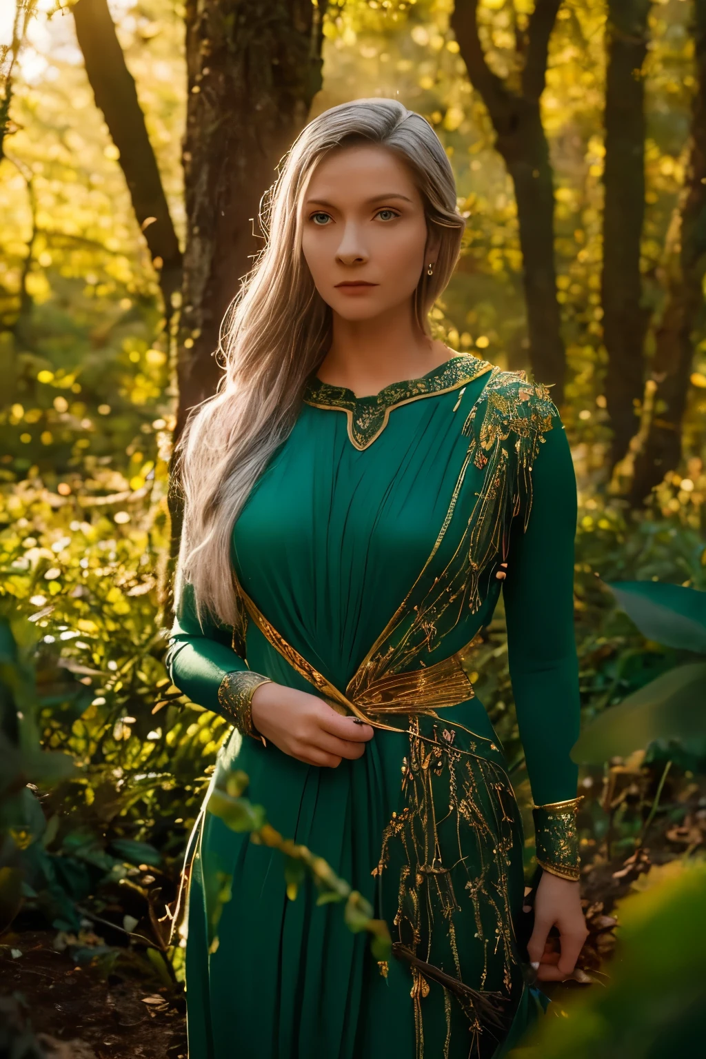 Galadriel, a radiant elven queen, standing gracefully in a magical elven forest bathed in soft, ethereal light. She is wearing a flowing green dress adorned with intricate golden embroidery, reminiscent of delicate vines and leaves, perfectly complementing the lush surroundings. Her long, silvery hair cascades over her shoulders, glowing softly in the dappled sunlight filtering through ancient, towering trees. The forest is alive with magical energy, featuring bioluminescent flowers, sparkling streams, and faint, glowing particles floating in the air. Her expression is serene and wise, her piercing eyes reflecting the timeless beauty and wisdom of the elves. The scene is infused with an otherworldly atmosphere, with fine details in the textures of her dress, the bark of the trees, and the vibrant flora. Photorealistic rendering, ultra-high-definition, with dramatic, yet soft lighting highlighting her elegance and the magical ambiance of the forest.