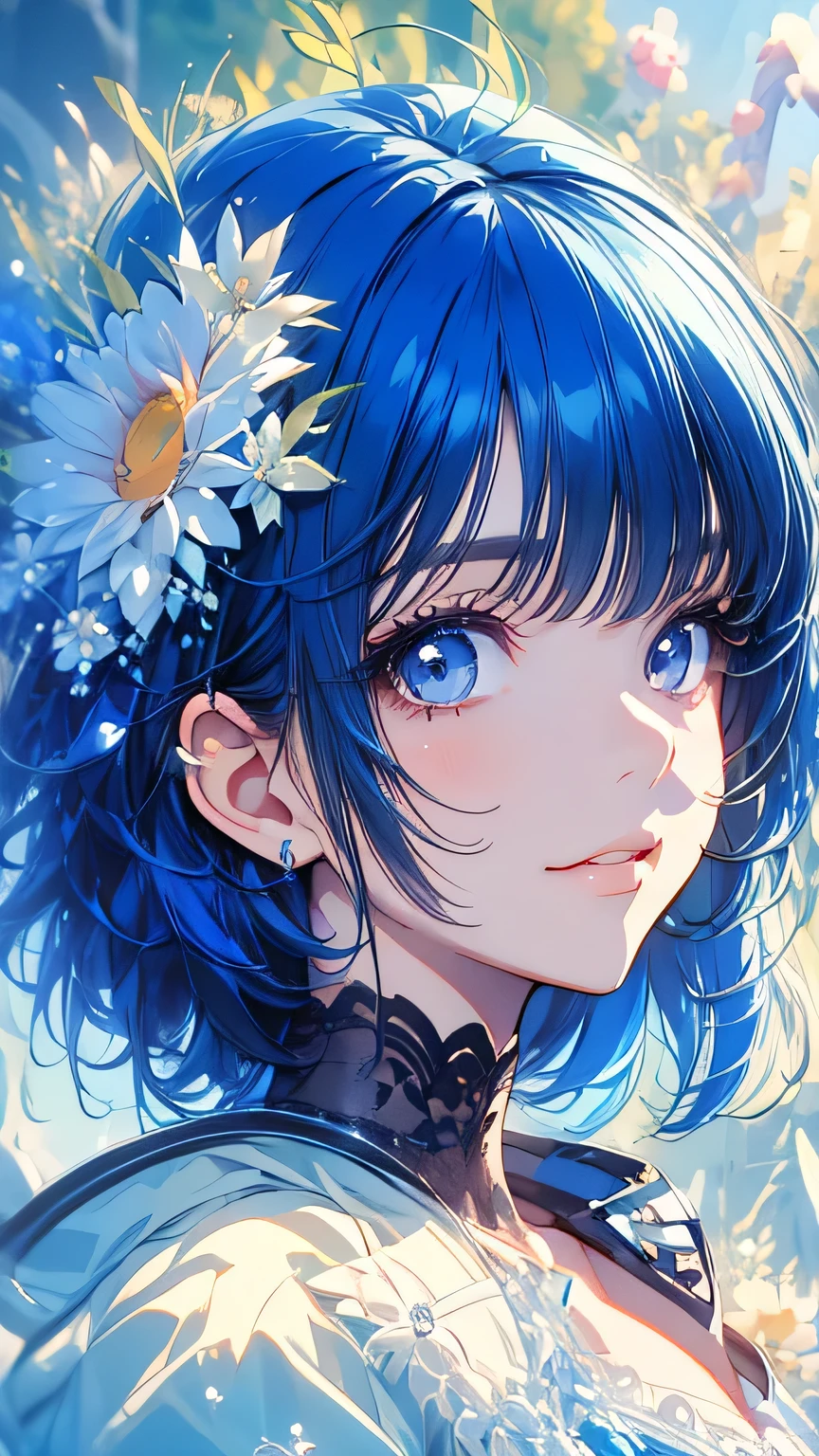   Masterpiece ,  best quality,  1 girl ,  pretty girl, blue hair short hair, loose fluffy perm,Flower Hair Ornaments,Big Breasts,Faust,  ahehe,  portrait, face, 