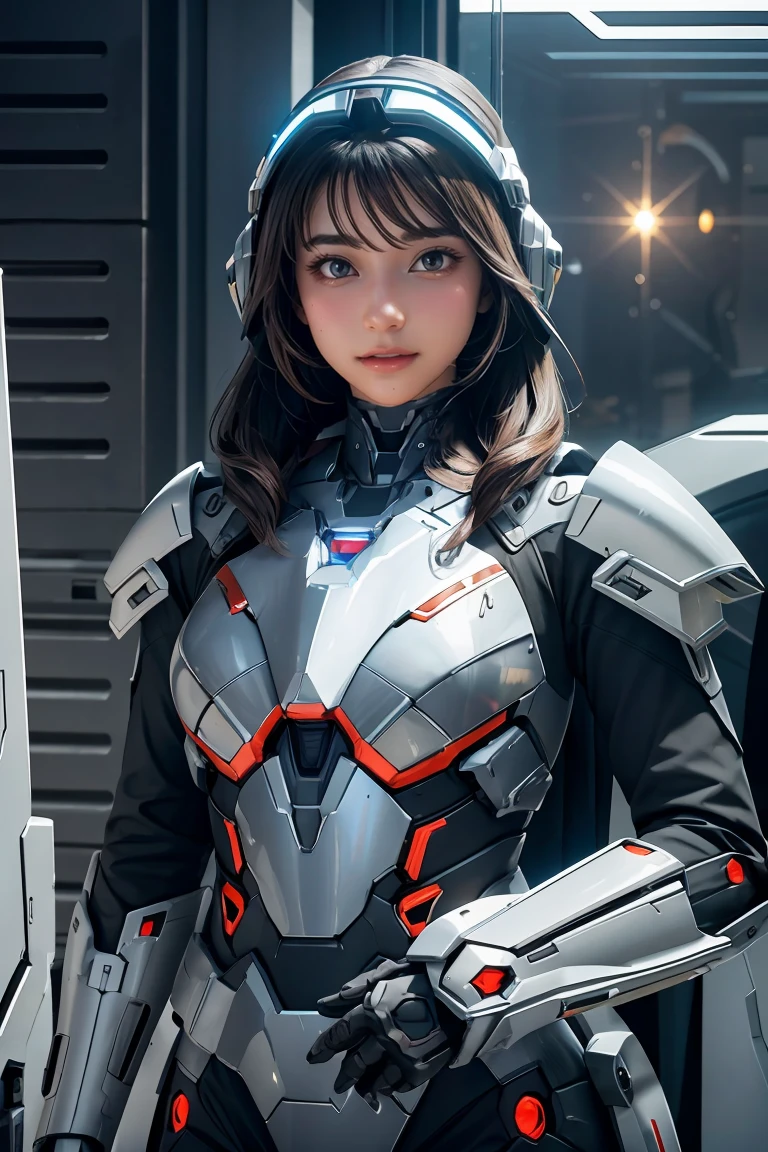 1girl, futuristic high tech style，best quality,fairy skin,(every time :1.2),Everlasting,super detailed,actual,high quality,lighting,Ray tracing,ultra high definition,upper body, Future Iron Man mecha，Film shooting，Battery，Launching equipment，large caliber artillery，Rostland 8k，Mecha Cyber Armored Tank Girl,Wearing a cyberpunk technology helmet，Star Warframe Helmet，Has a breathing light，The armor of the future shines，armed cannon，High-tech armor