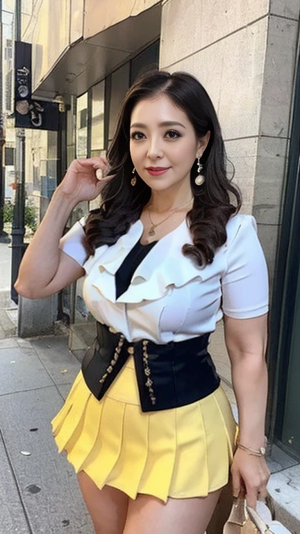 full body shot, from below,  japanese mature, 58 years old,  detailed face , Facial wrinkles, Wrinkles around the eyes, smile,  Detailed Skin Textures ,  white skin,  heavy makeup,  long hair, (curvy body:1.3), (earrings,  Necklaces :1.2), (plain white blouse :1.2), ( floral flared mini skirt ,  yellow flared mini skirt:1.2), ( wearing high heels :1.2), ( full body shot from toe to head wearing black high heels, Standing on the sidewalk:1.2), ( surrealism, best quality, ultra detailed, absolutely resolution, 8k, anatomically correct), depth of field, looking at viewer, tachi-e, (gal.safetensors), (bimajo ),  detailed face , full body
